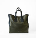 Front view of Isabella Kron Leo Shopper in military green pebbled calf leather with black trim, structured silhouette and dual top handles