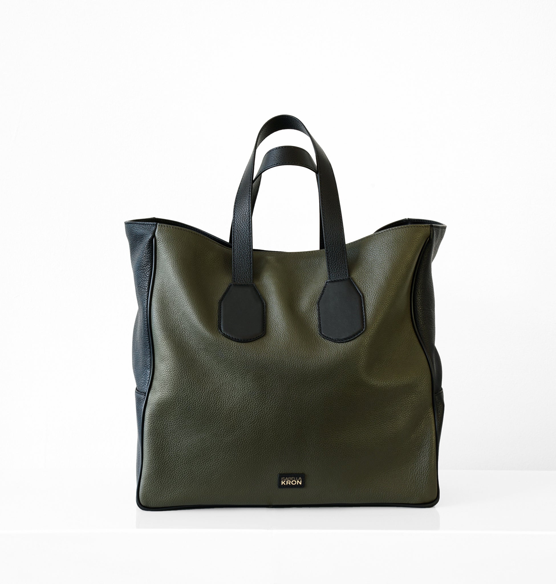 Front view of Isabella Kron Leo Shopper in military green pebbled calf leather with black trim, structured silhouette and dual top handles