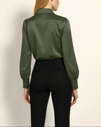 Back view and precision stitching at cuff of Isabella Kron Linda Shirt in military green cotton