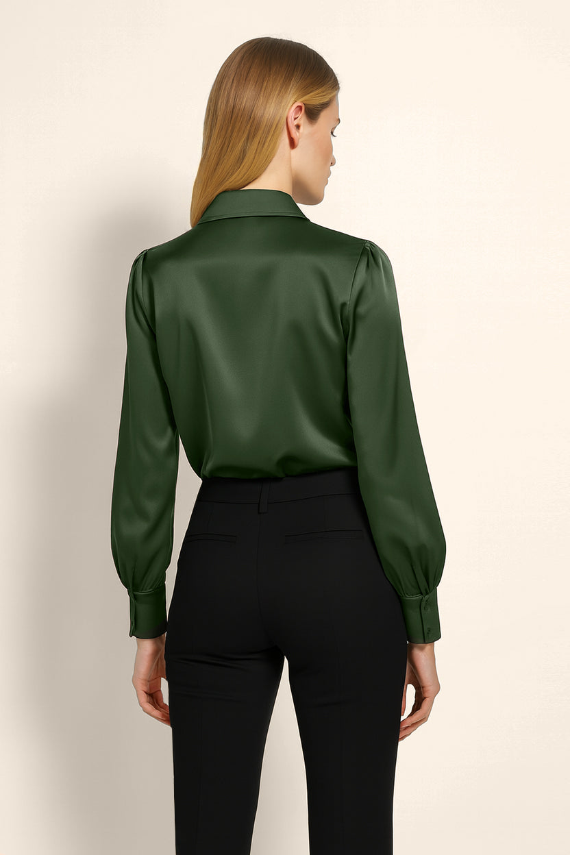 Back view and precision stitching at cuff of Isabella Kron Linda Shirt in military green cotton