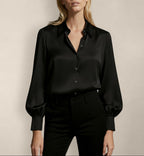 Front view of Isabella Kron Linda silk shirt in black, luxurious button-down with relaxed fit and sheen silk drape