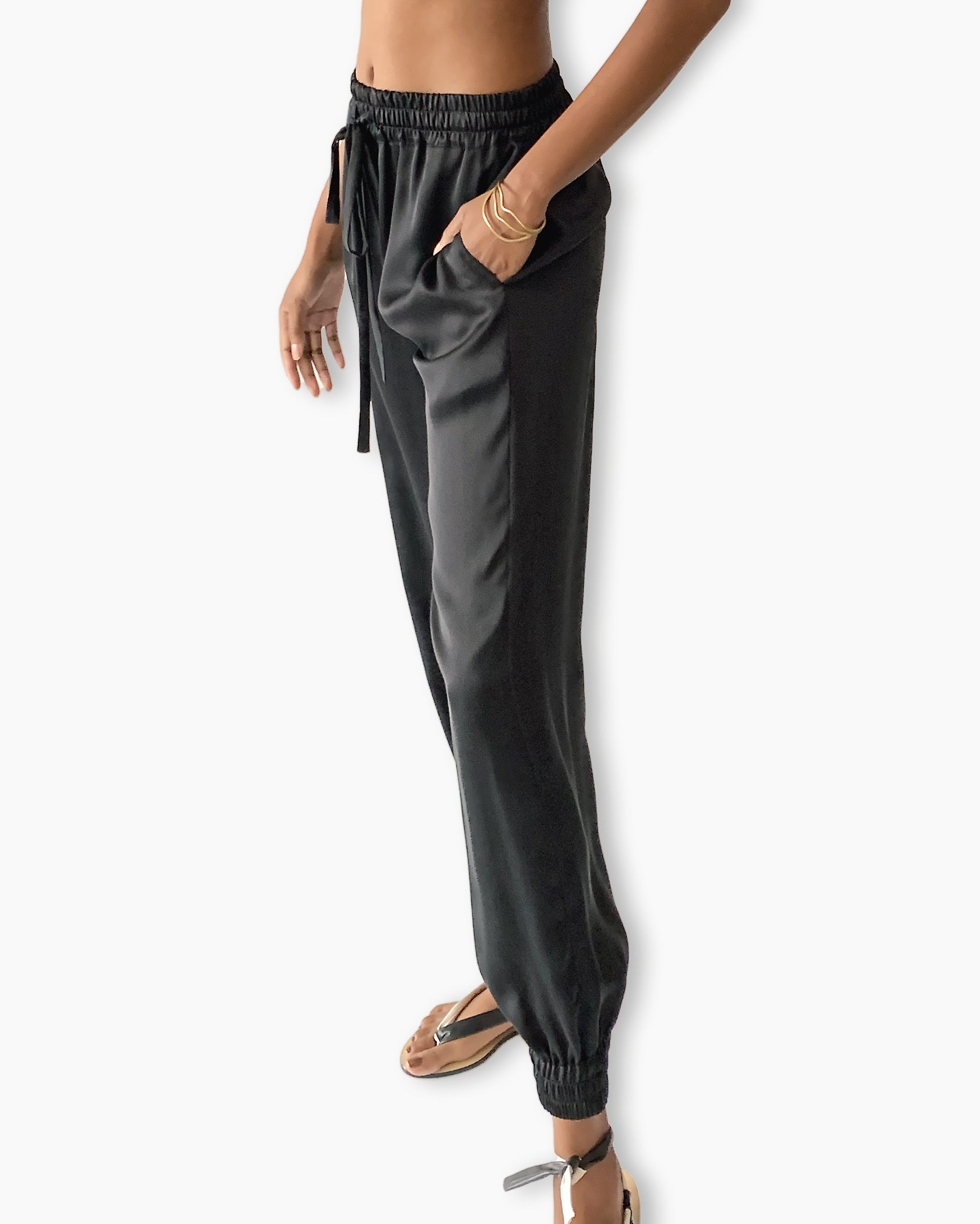 Side view of black Lou Jogger Silk Pant – sleek comfort with refined tailoring