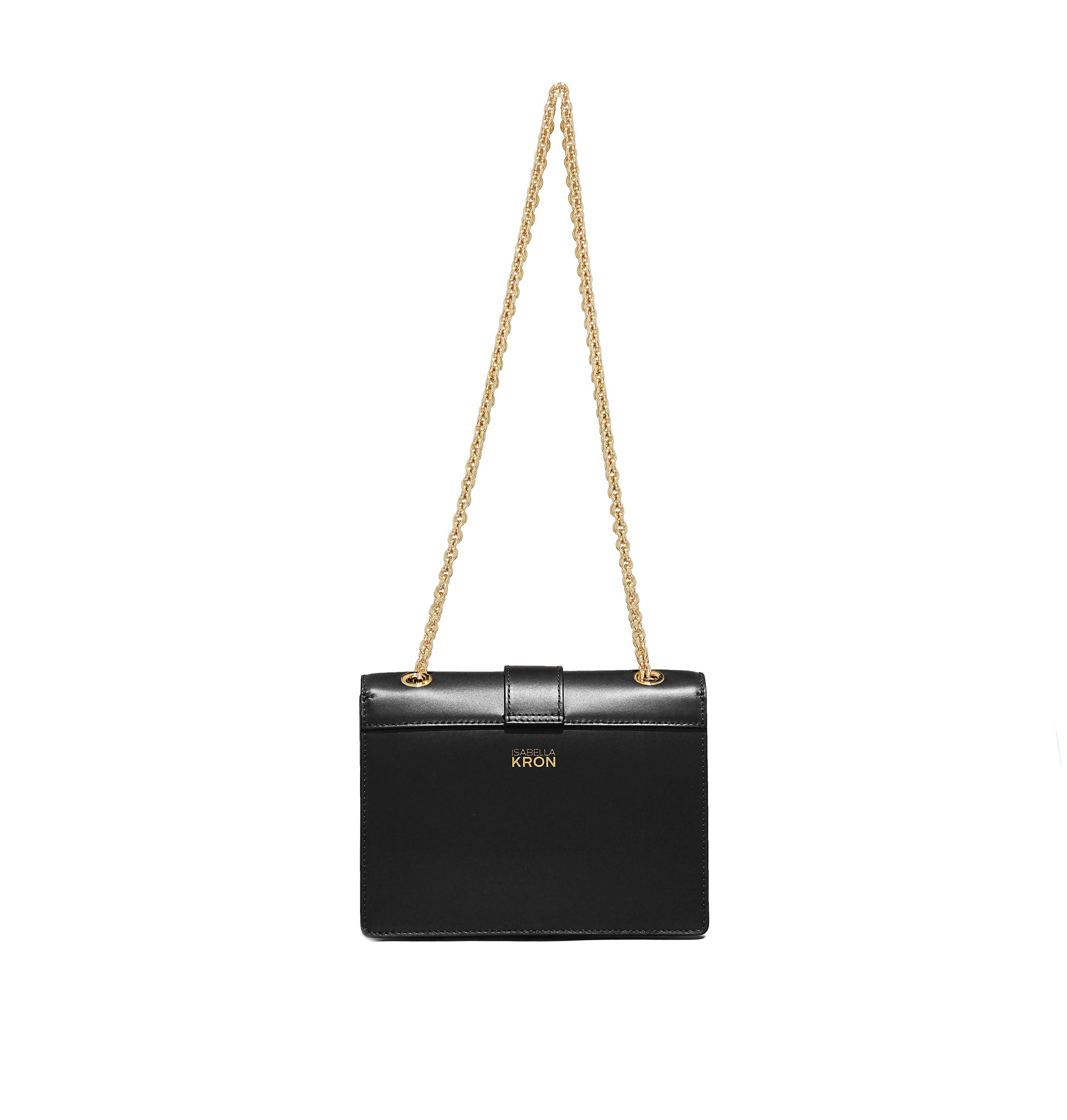 Marcella Chain Bag in black – back view showcasing gold chain and sleek leather