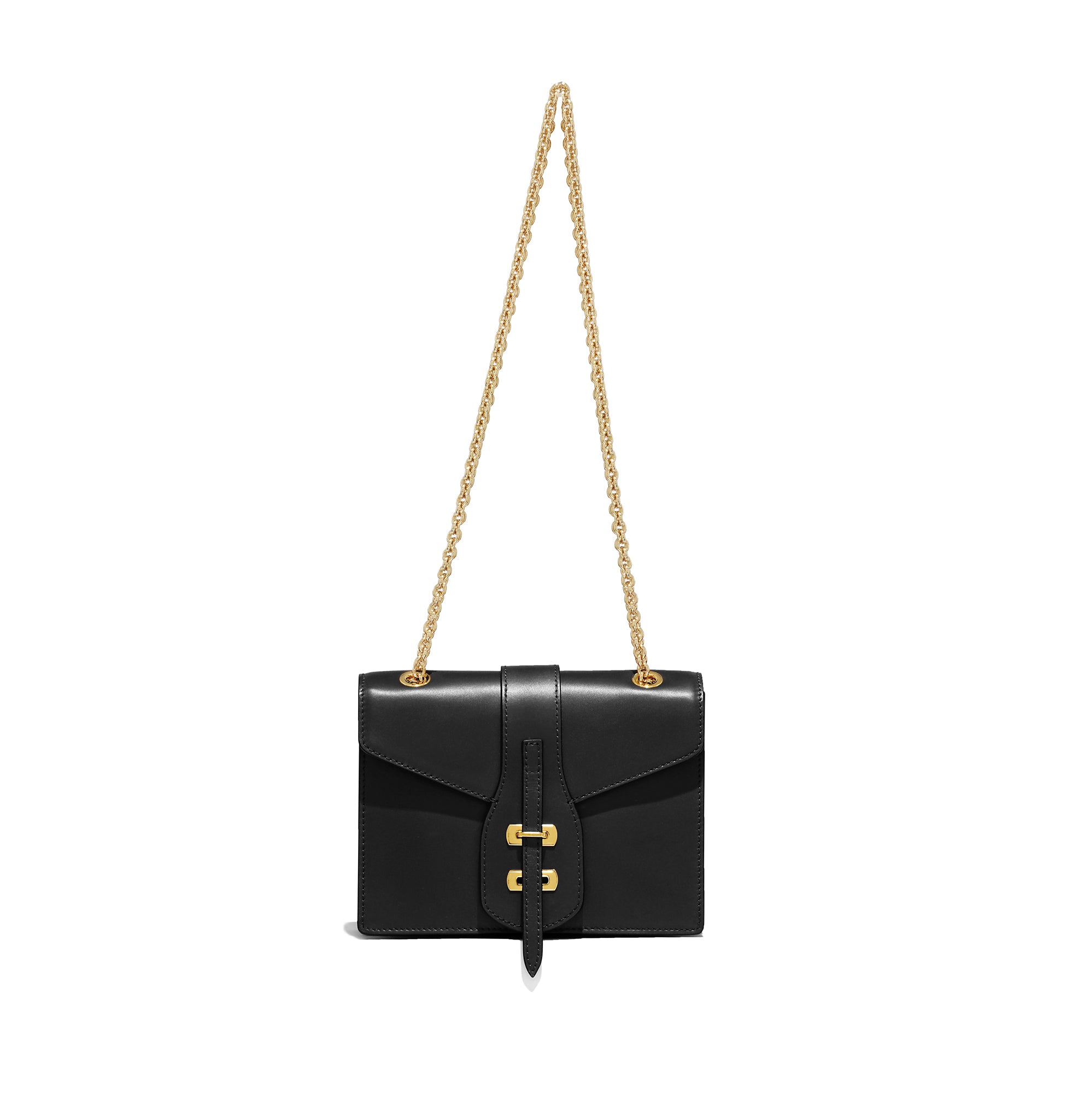 Marcella Chain Bag in black – front view showcasing gold hardware and sleek leather