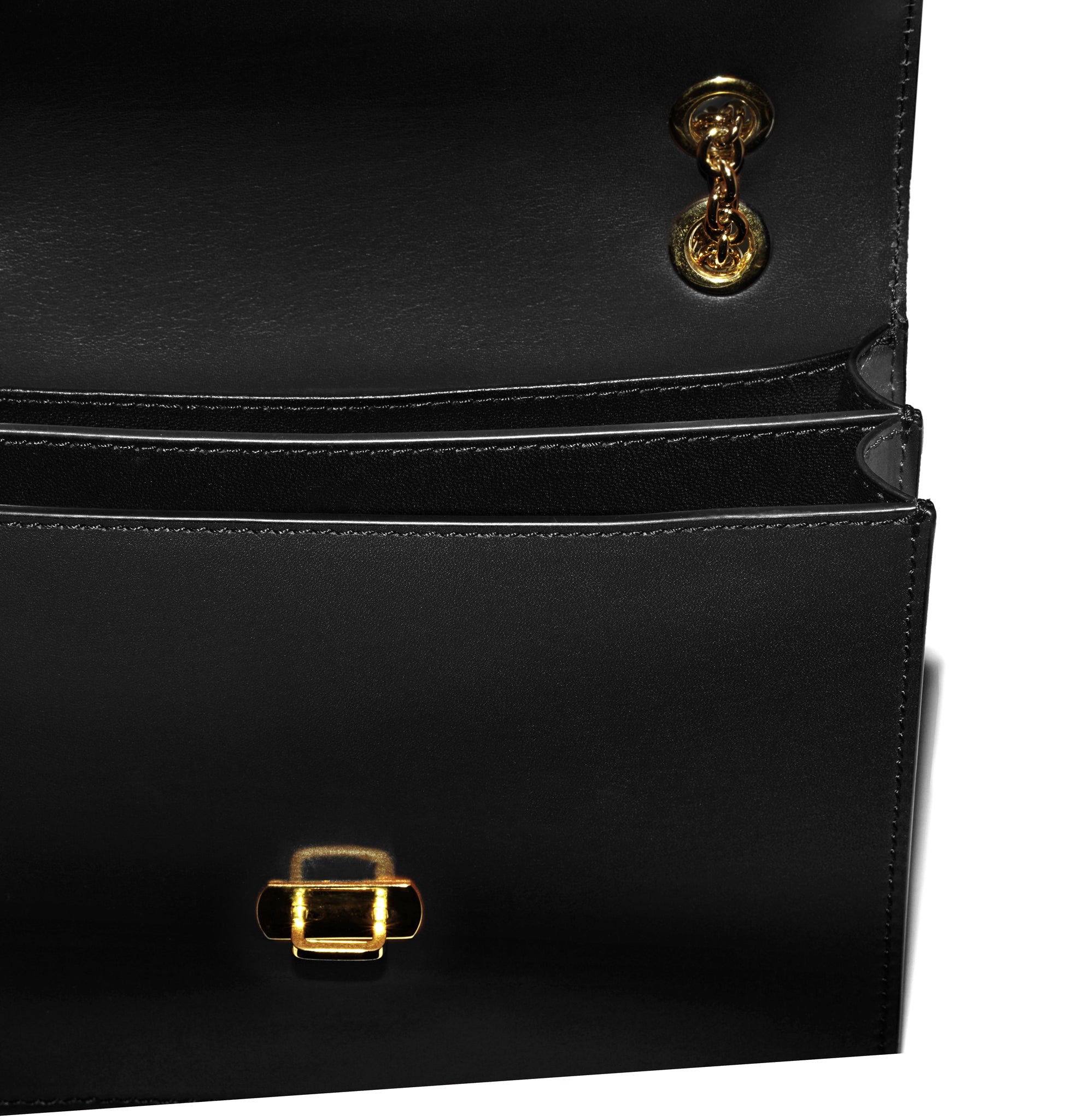 Interior close-up of black leather and chain detail – Marcella Bag by Isabella Kron