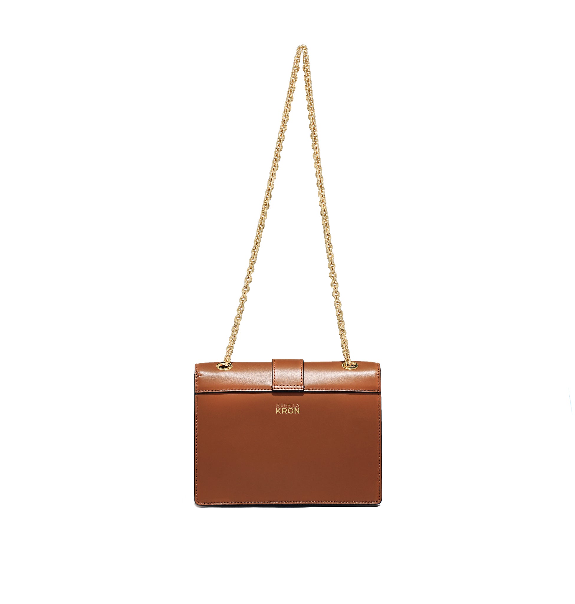 Back view of Marcella Chain Bag – tan leather with structured form and gold chain