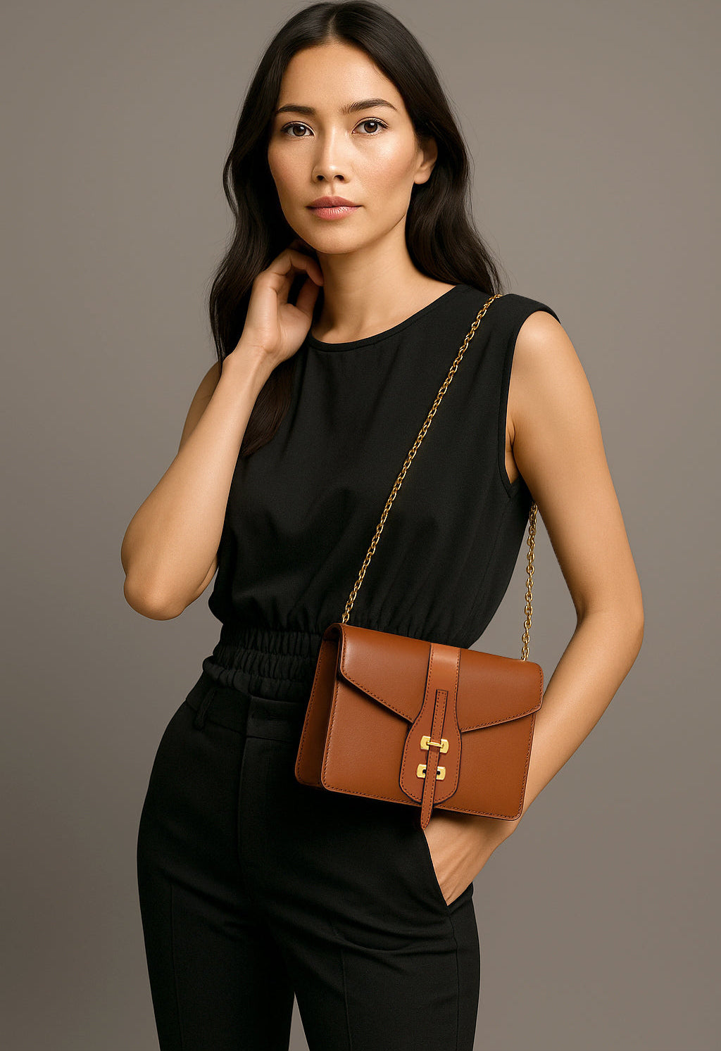 Model carrying the Marcella Chain Bag in tan – sophisticated style with exquisite finish