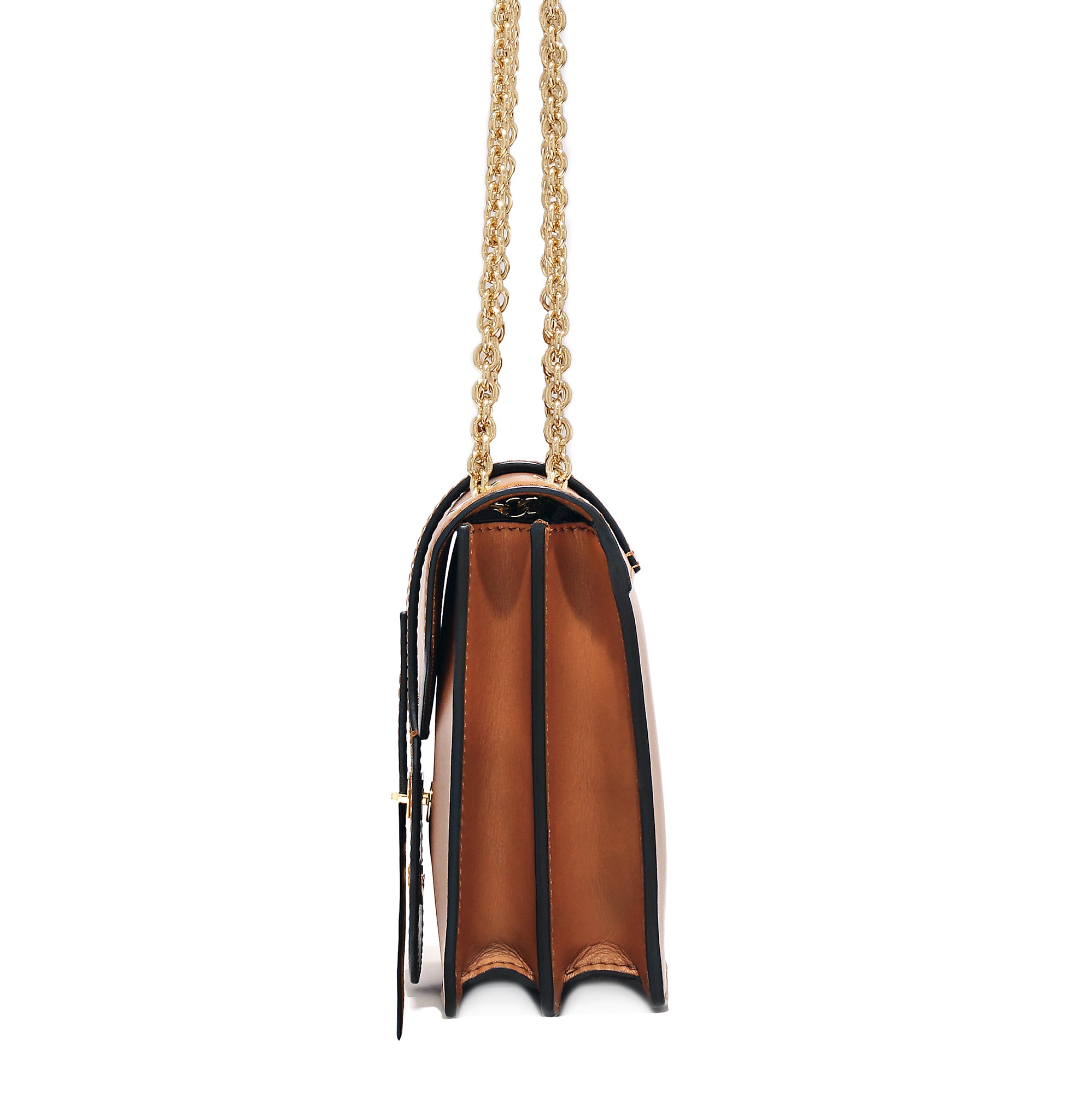 Side view of Marcella Chain Bag – tan leather with structured form and gold chain