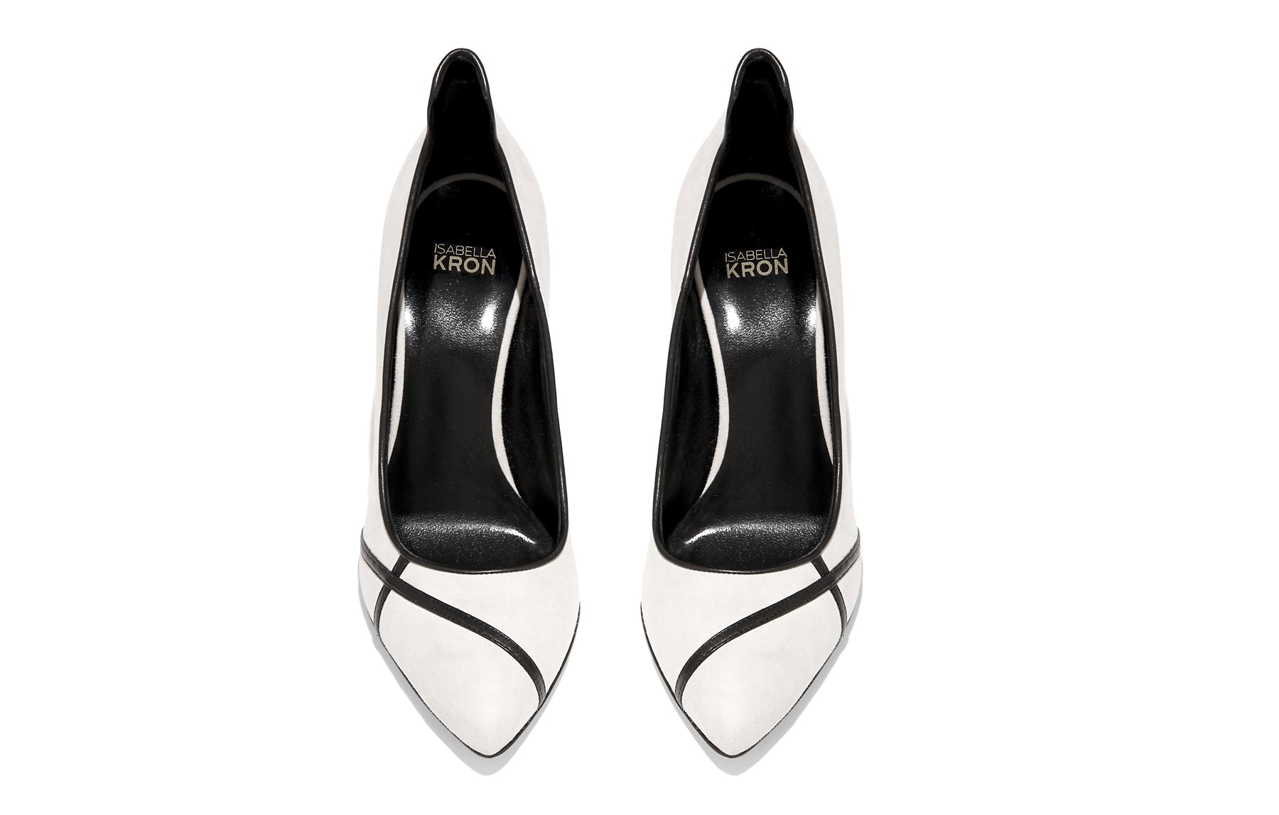 Close-up detail of suede texture, stitched heel counter, and cushioned insole branding on Isabella Kron Miriam Albatros pump