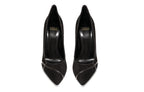 Close-up of black suede grain, stitched heel counter, and cushioned insole branding on Miriam Black Suede Pump