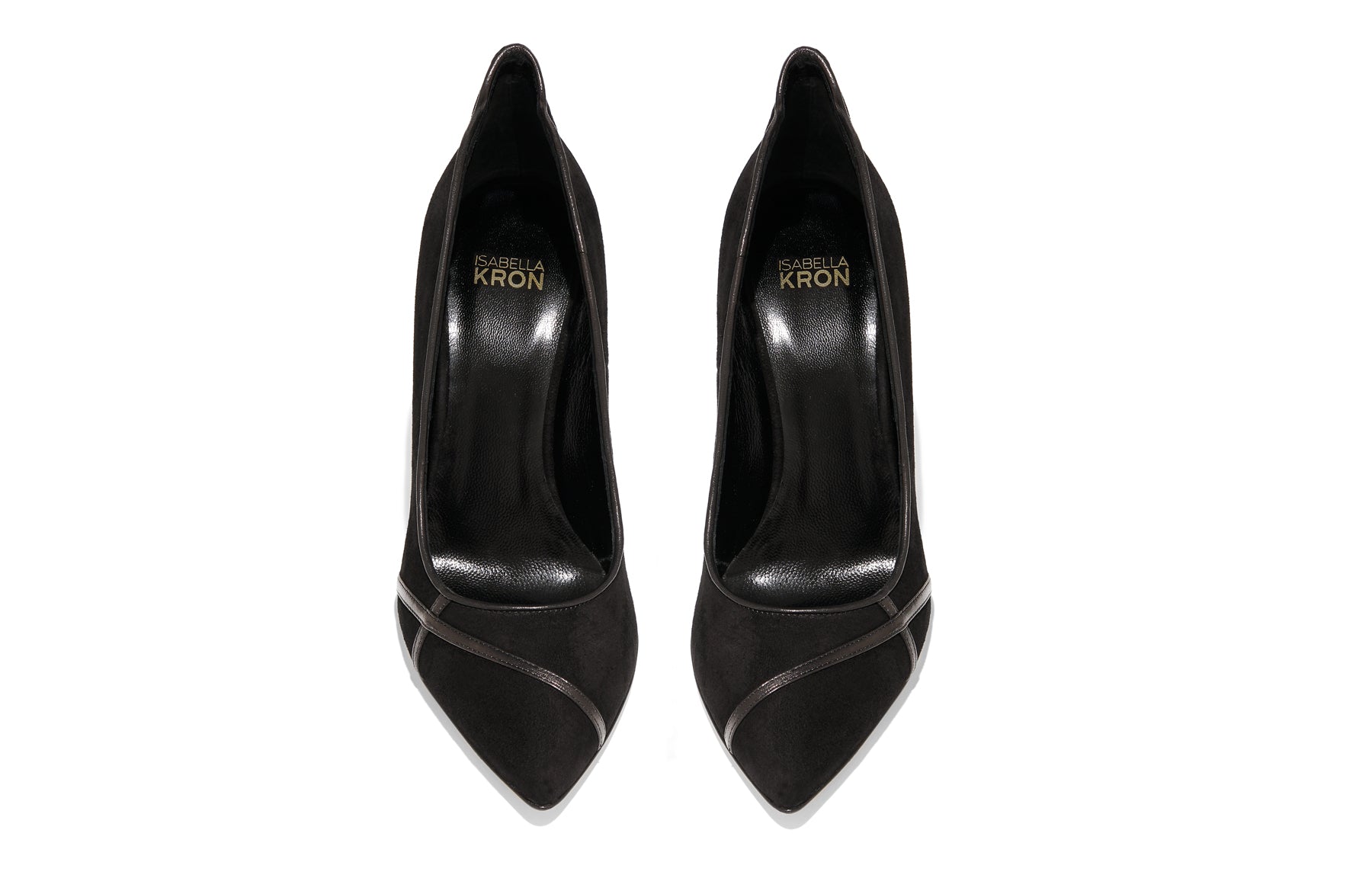 Close-up of black suede grain, stitched heel counter, and cushioned insole branding on Miriam Black Suede Pump