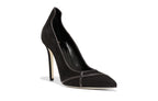 Front view of Isabella Kron Miriam Black Suede Pump, pointed toe and sleek suede vamp on elegant stiletto heel