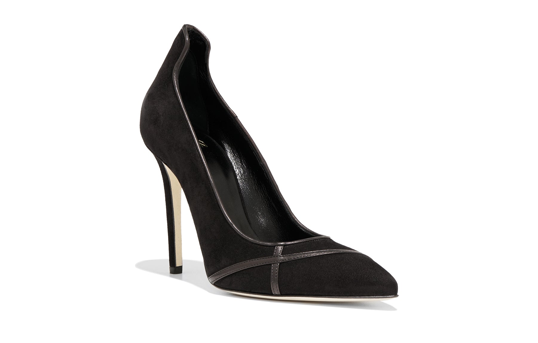 Front view of Isabella Kron Miriam Black Suede Pump, pointed toe and sleek suede vamp on elegant stiletto heel
