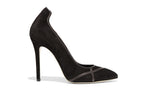 Side view of Isabella Kron Miriam Black Suede Pump, showcasing slender stiletto heel and sculpted arch silhouette in rich black suede