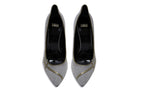 Close-up detail of crepuscolo suede grain, stitched heel counter, and cushioned insole branding on Miriam Crepuscolo Pump