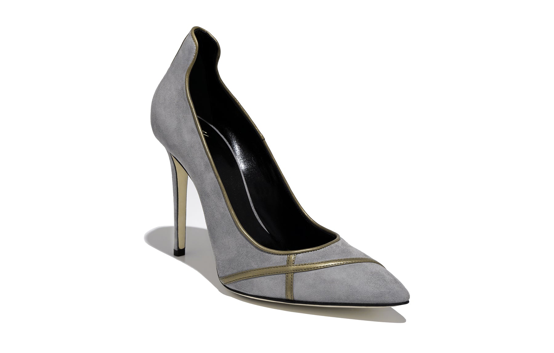 Front view of Isabella Kron Miriam Crepuscolo Suede Pump in crepuscolo gray, sleek pointed toe and smooth suede vamp on slender stiletto heel