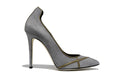 Side view of Isabella Kron Miriam Crepuscolo Suede Pump, highlighting 90 mm gray suede stiletto heel and elegant arch curve