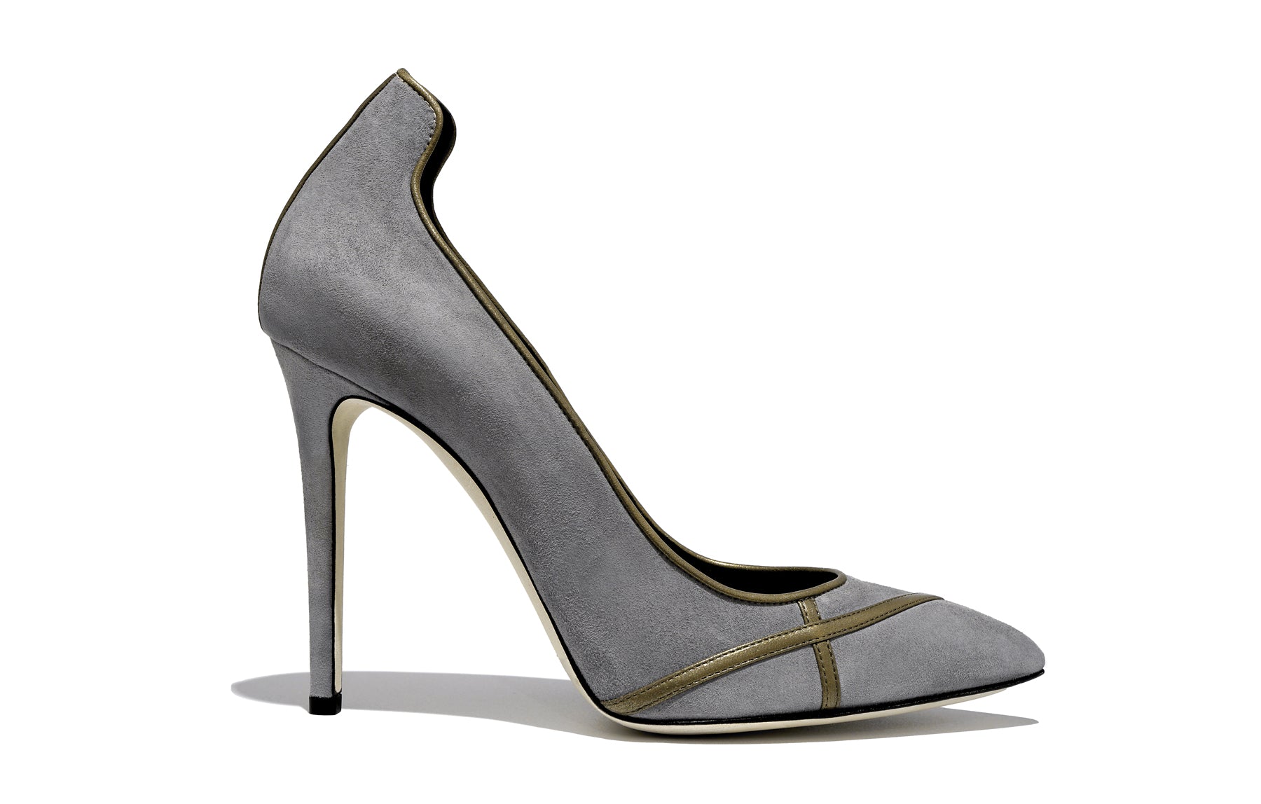 Side view of Isabella Kron Miriam Crepuscolo Suede Pump, highlighting 90 mm gray suede stiletto heel and elegant arch curve
