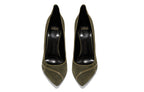Close-up of palude green suede grain, stitched heel, and cushioned insole branding on Miriam Palude Pump