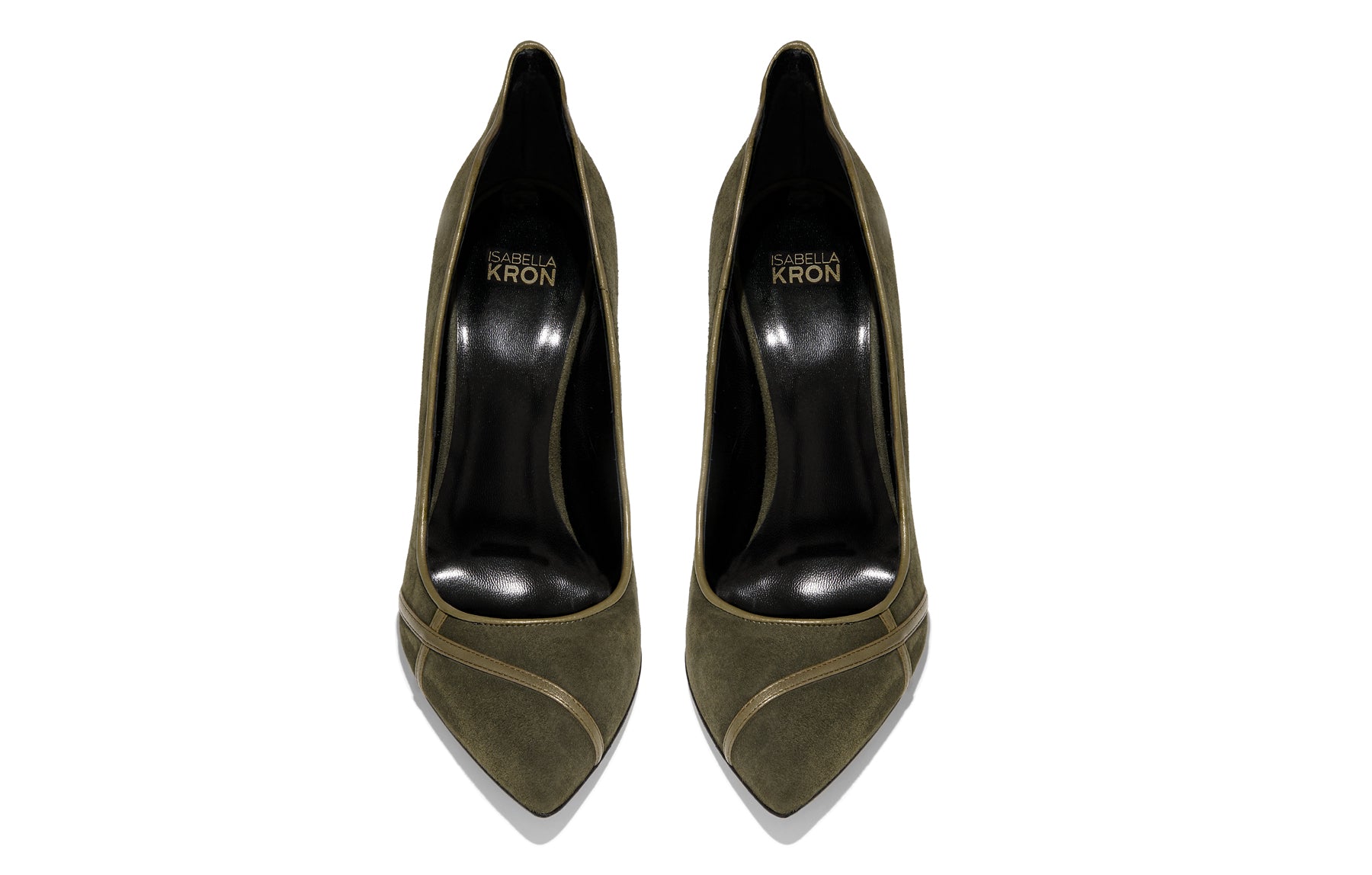 Close-up of palude green suede grain, stitched heel, and cushioned insole branding on Miriam Palude Pump