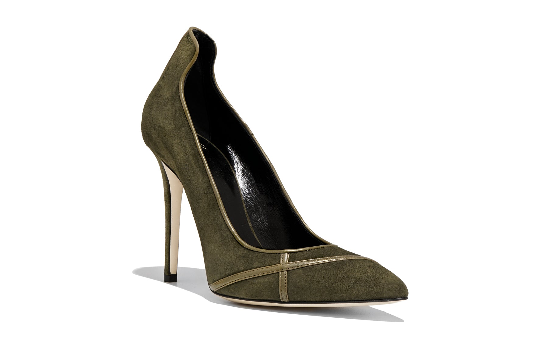 Front view of Isabella Kron Miriam Palude Suede Pump in palude green, pointed toe and sleek vamp on slender stiletto heel
