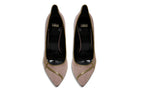 Close-up of dusty rose suede texture, stitched heel counter, and cushioned insole branding on Miriam Rose Suede Pump