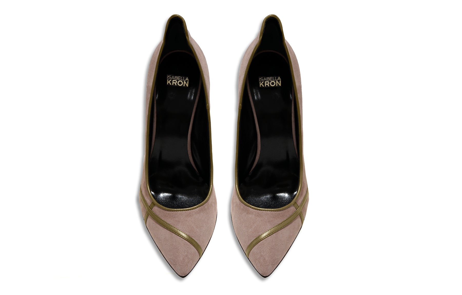 Close-up of dusty rose suede texture, stitched heel counter, and cushioned insole branding on Miriam Rose Suede Pump