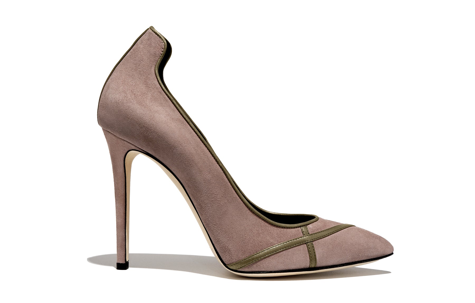 Side view of Isabella Kron Miriam Rose Suede Pump, showcasing rose-toned stiletto heel and curved arch silhouette