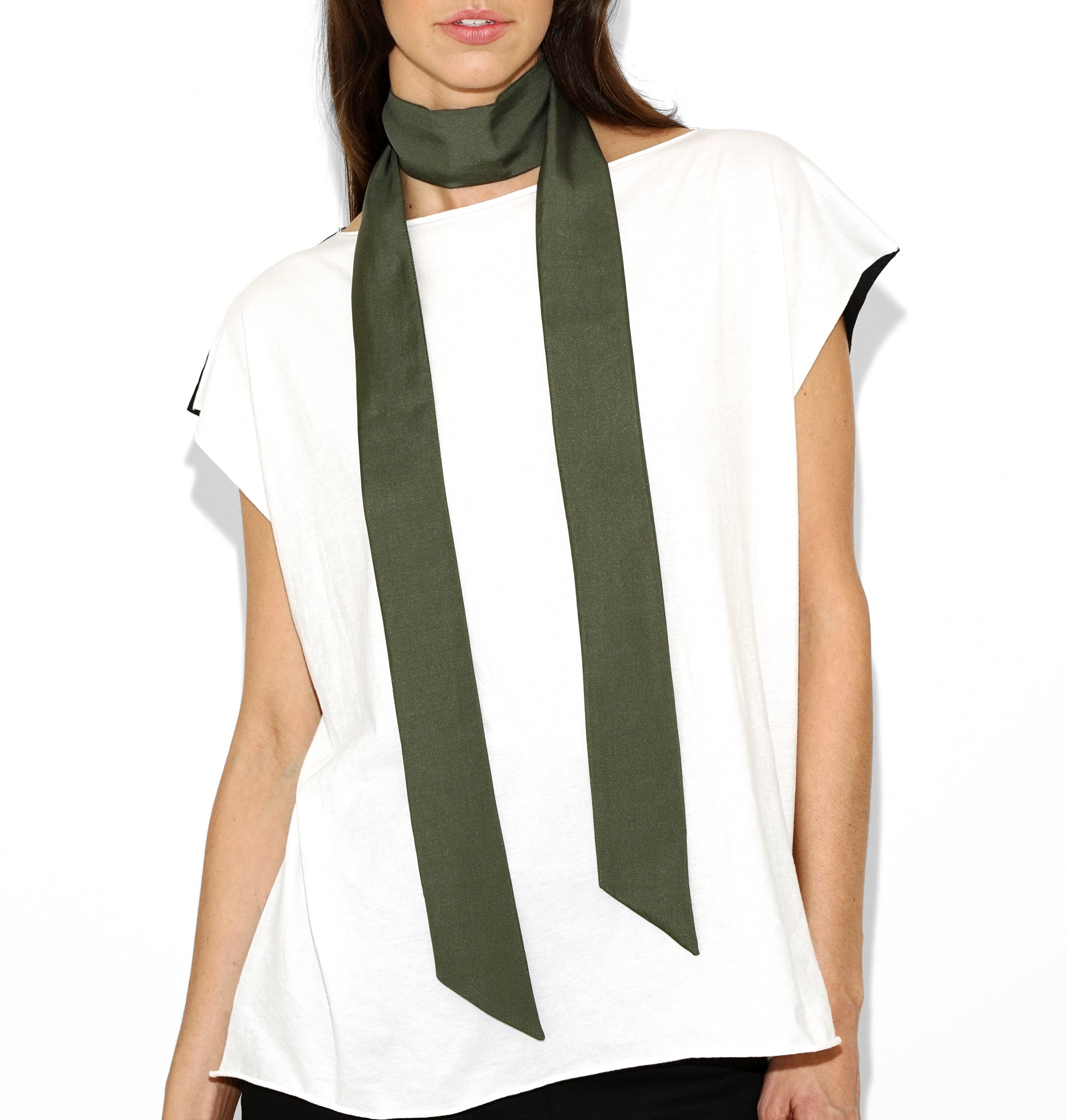 Front view of Isabella Kron Nina silk scarf in military green, draped loosely around the neck showing smooth silk sheen and long rectangular shape