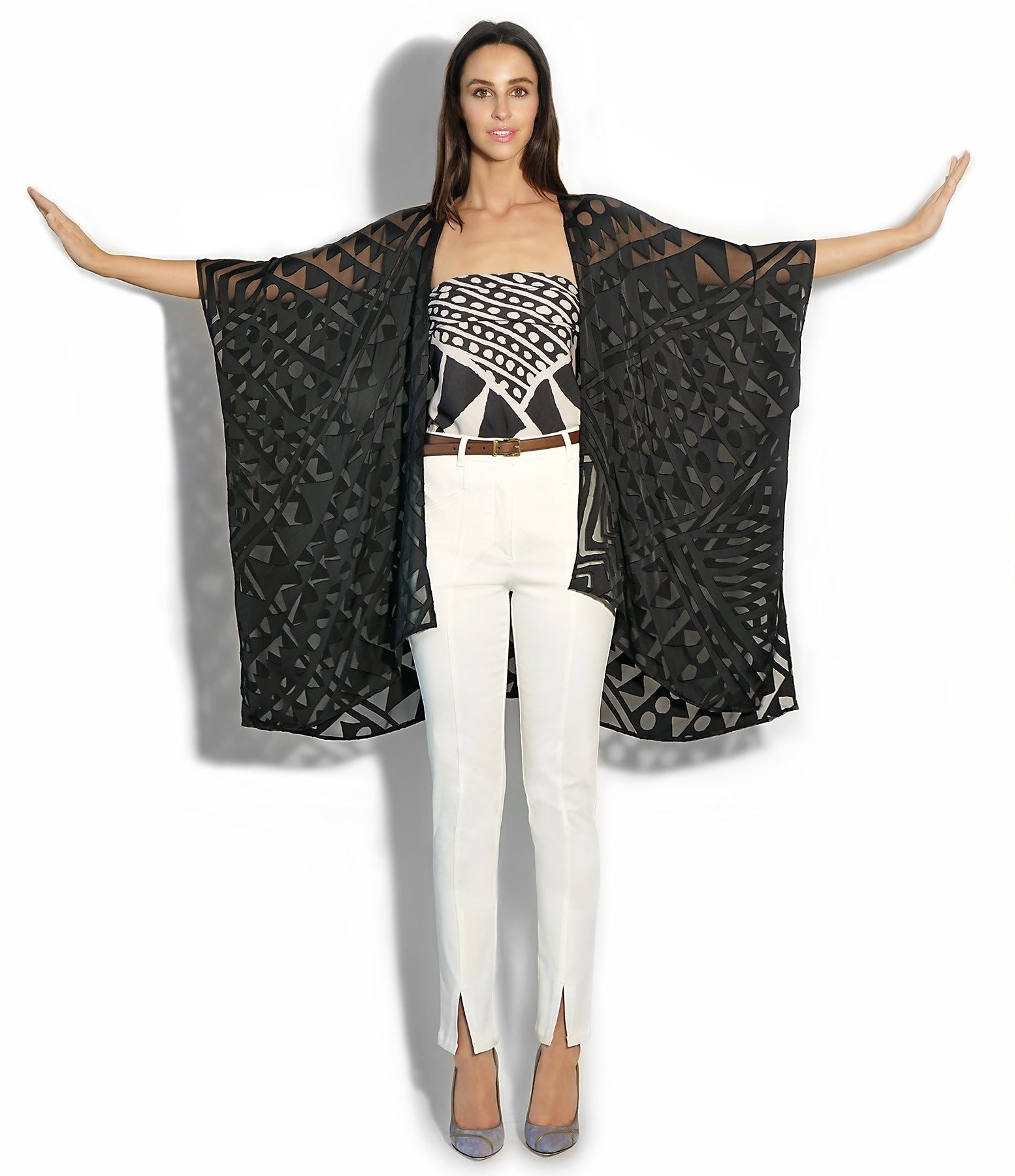 Isabella Kron Nomad Cover‑Up in black, front view showing open linen silhouette and wide kimono sleeves