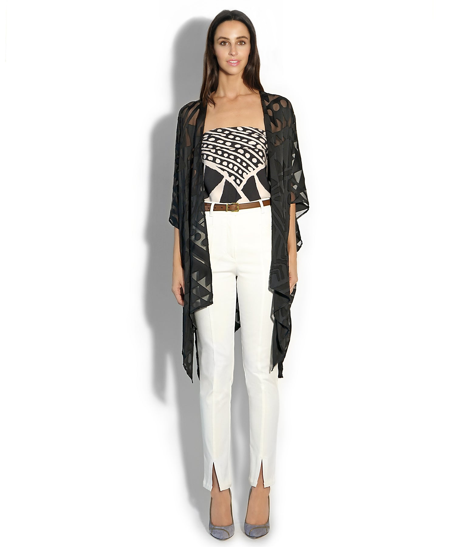 Front view of Isabella Kron Nomad Cover‑Up in black, relaxed open-front linen kimono with wide sleeves