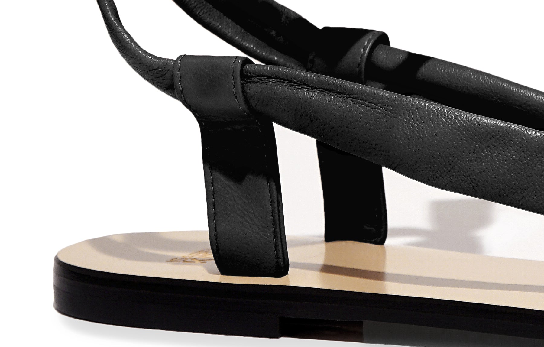 Detail of Patti Sandal in nappa black – supple leather straps and refined silhouette with artisan finish