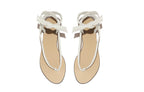 Overhead view of Patti Sandal in tapioca – elegant neutral-tone Italian sandal with minimalist design