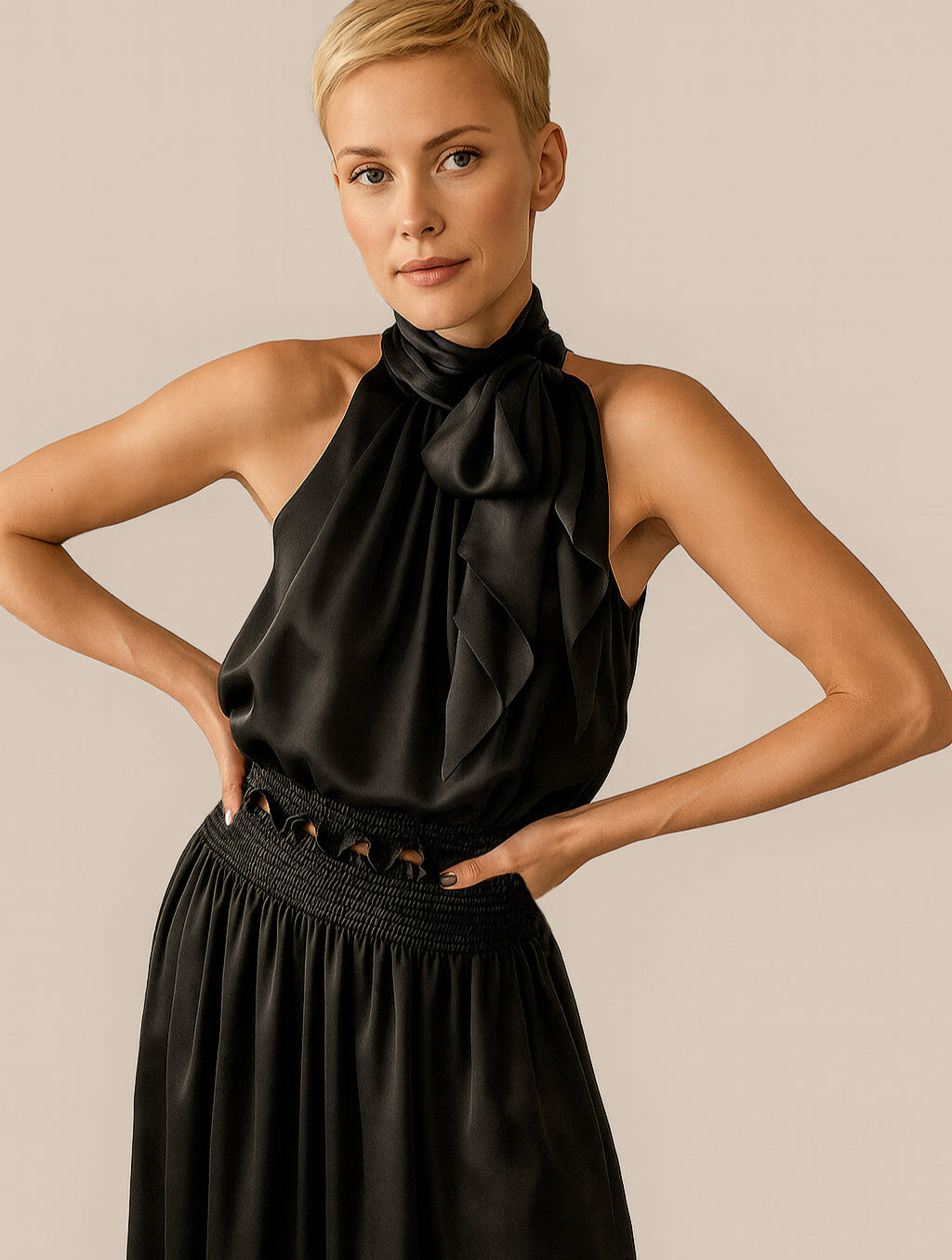 Polly Top in black silk – front view showing elegant drape and clean neckline
