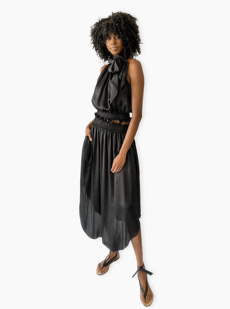 Model wearing Polly Silk Top in black – minimalist luxury by Isabella Kron