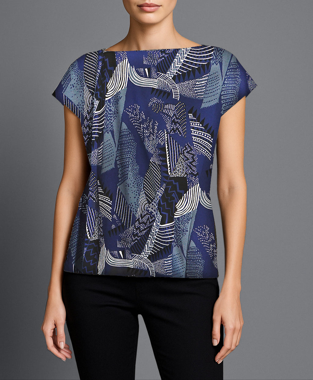 Roxanne T-Shirt in Black Iris print – front view of printed cotton tee by Isabella Kron