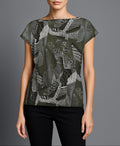 Model wearing Roxanne T-Shirt in Graphite/Black – sleek monochrome print styled for everyday ease