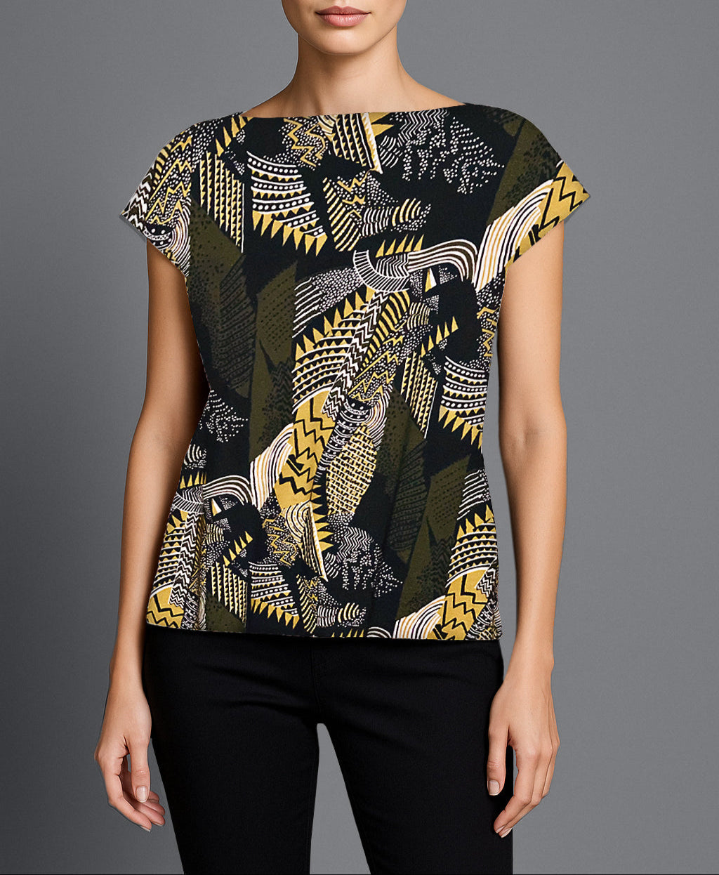 Model wearing Roxanne T-Shirt in Jungle/Black – bold printed tee styled with modern minimalism