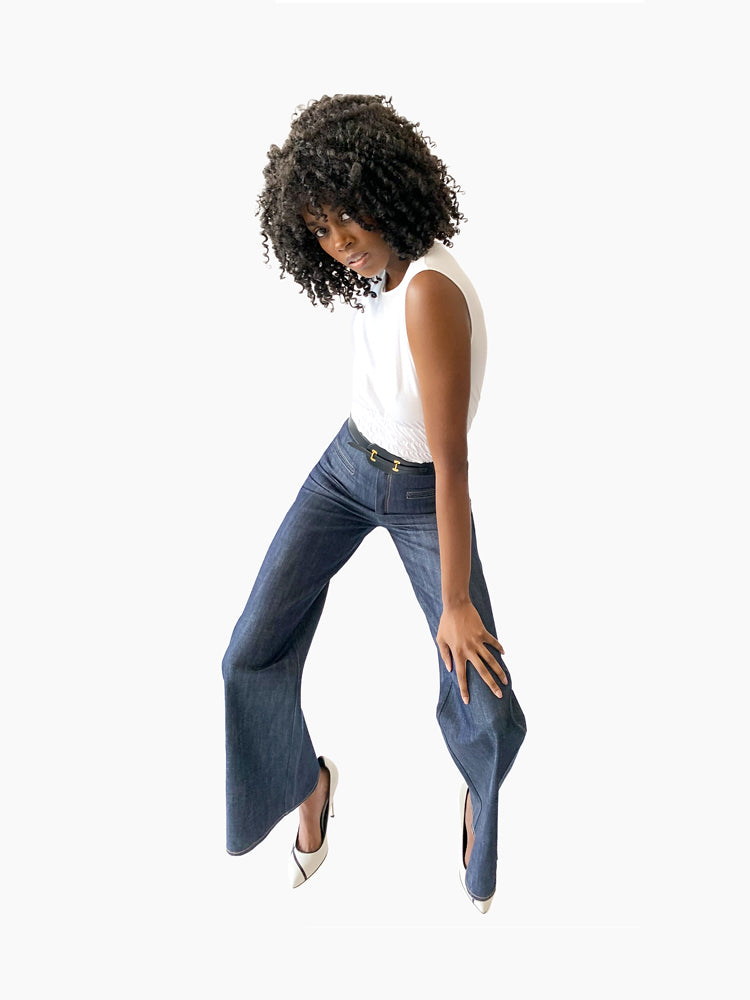 Model wearing Soho Denim Pant – sophisticated denim with minimalist edge