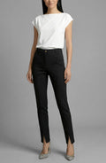 Front view of Isabella Kron Valentina Pant in black, high-rise straight-leg trousers with front slit detail