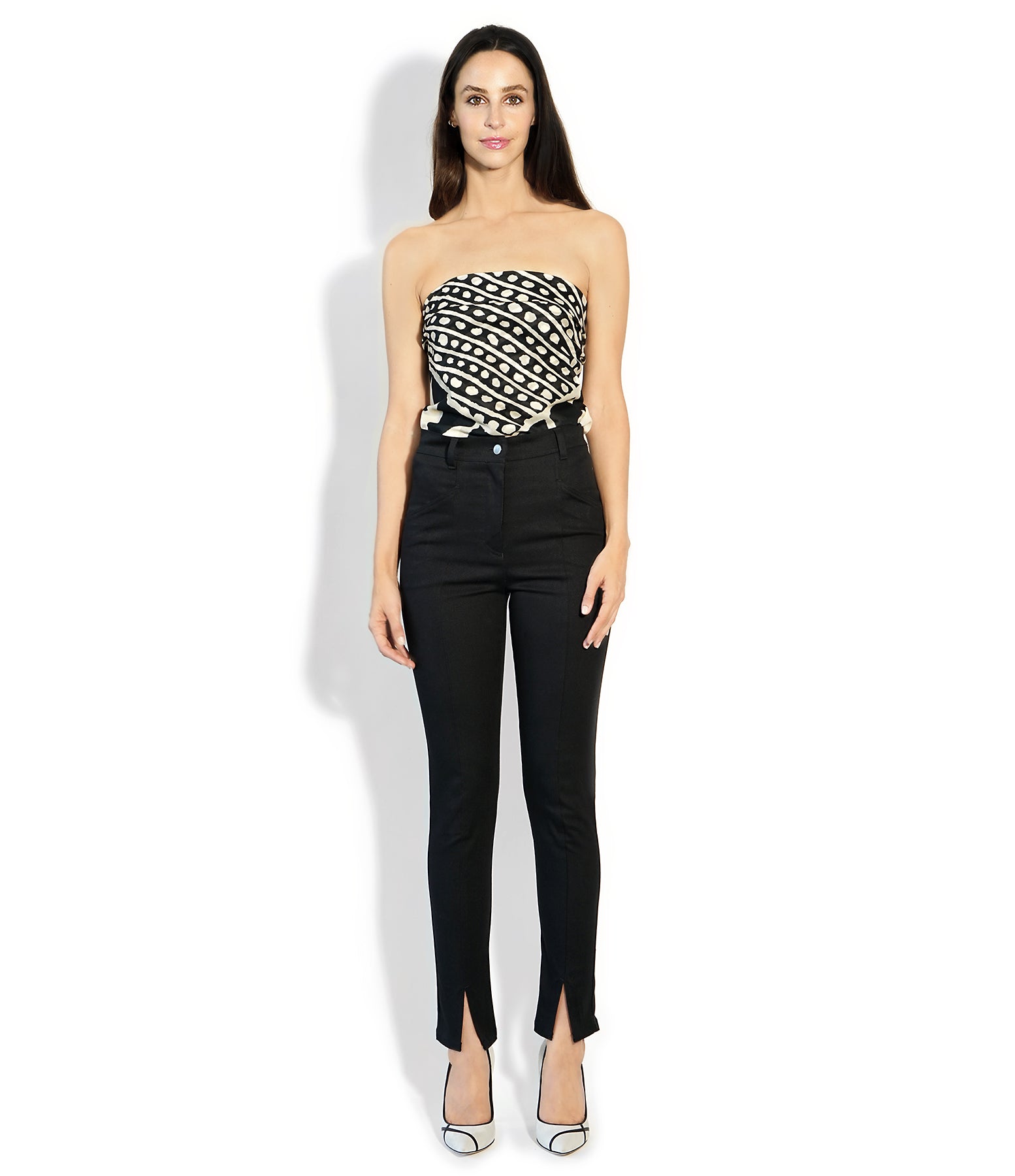 Front view of Isabella Kron Valentina Pant in black, high-rise straight-leg trousers with front slit detail