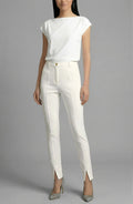 Women’s high-rise silk-blend twill tapered pant in latte, front view