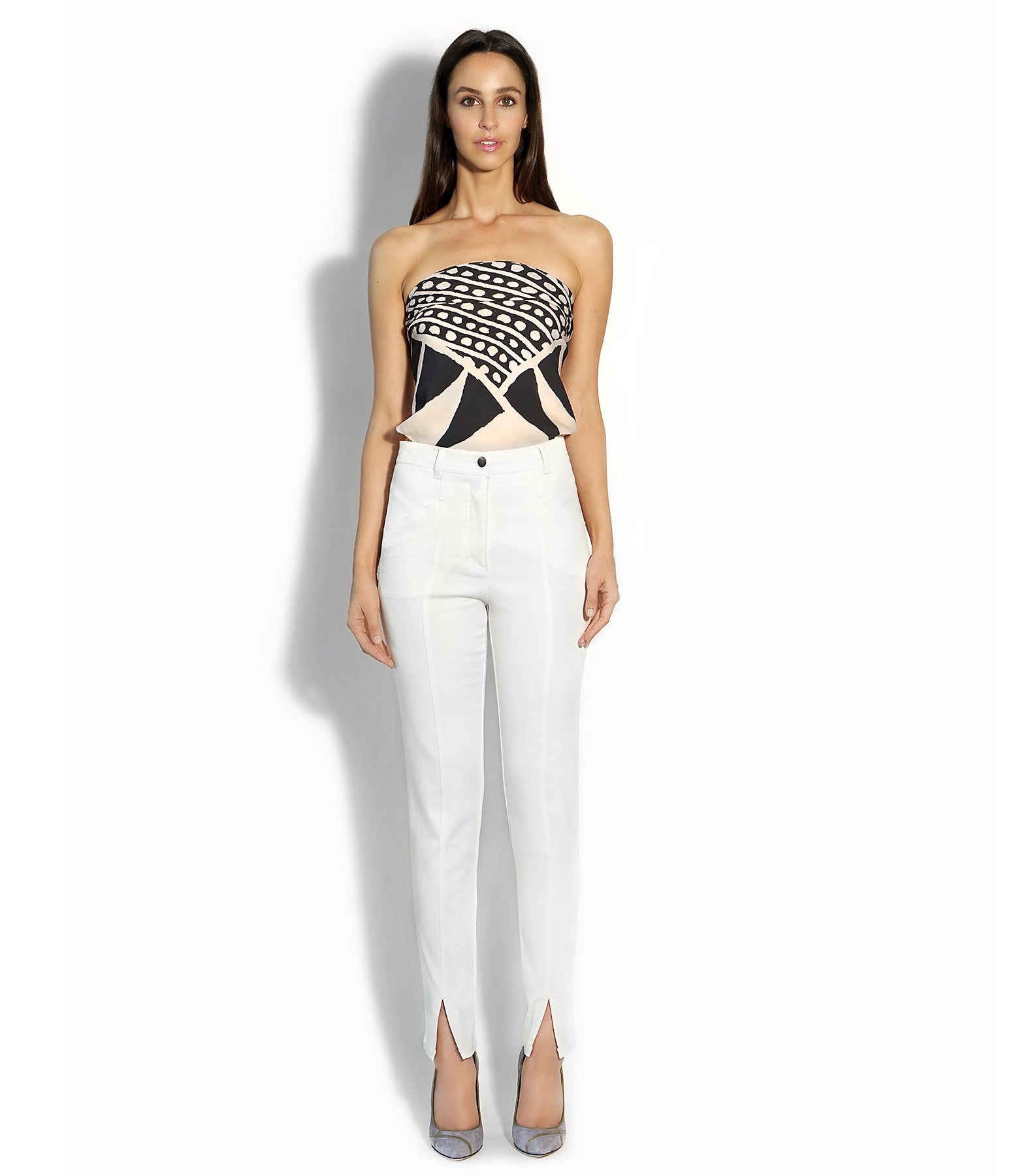 Front view of Valentina Pant in latte, high-waist straight-leg stretch trousers with front slit detail
