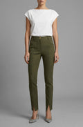 Front view of Isabella Kron Valentina Pant in military green, high-rise straight-leg trousers with front slit detail