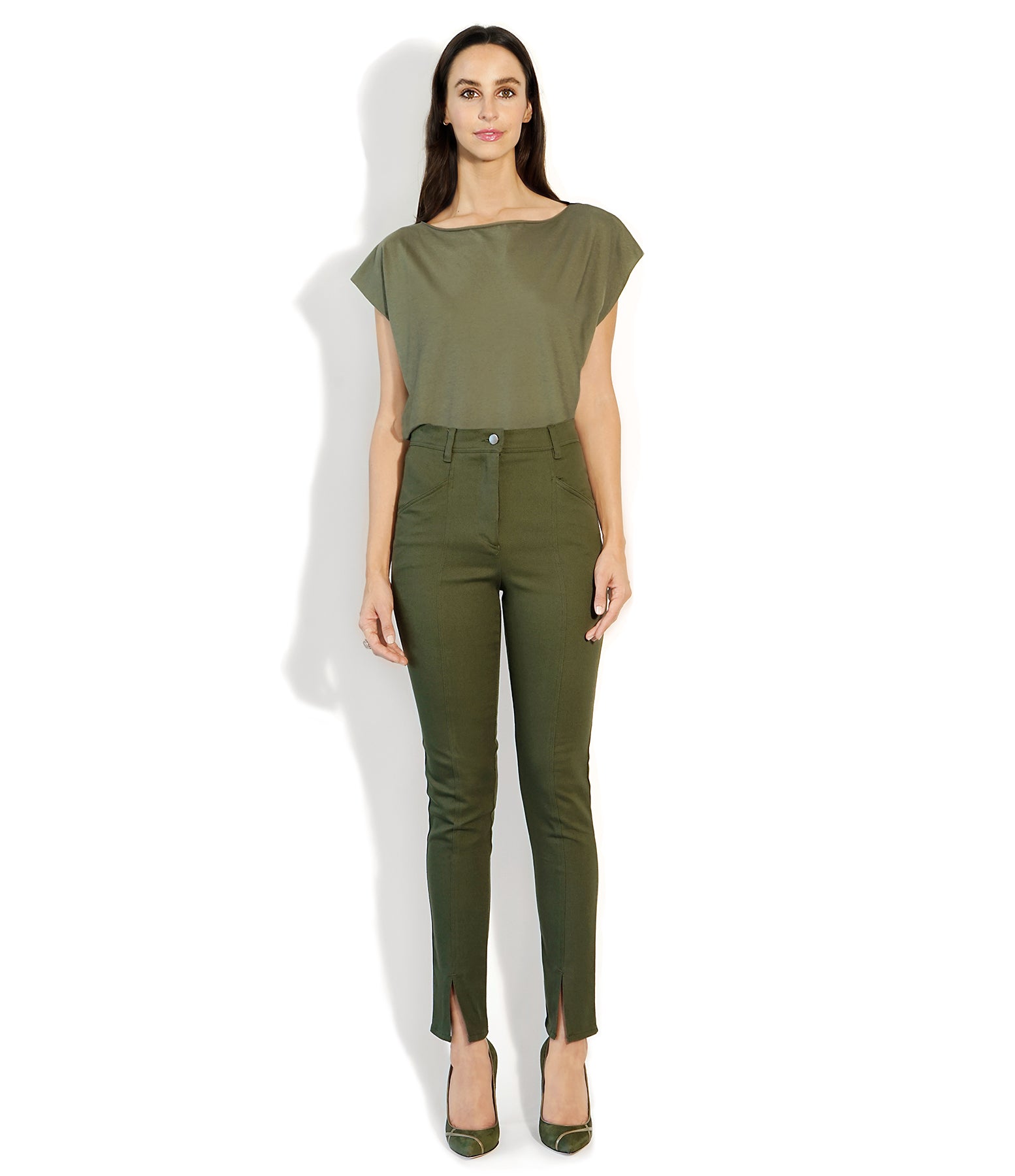 Front view of Isabella Kron Valentina Pant in military green, high-rise straight-leg trousers with front slit detail