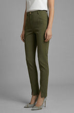 Side view of Isabella Kron Valentina Pant in deep military green, showing high-rise fit and ankle slit