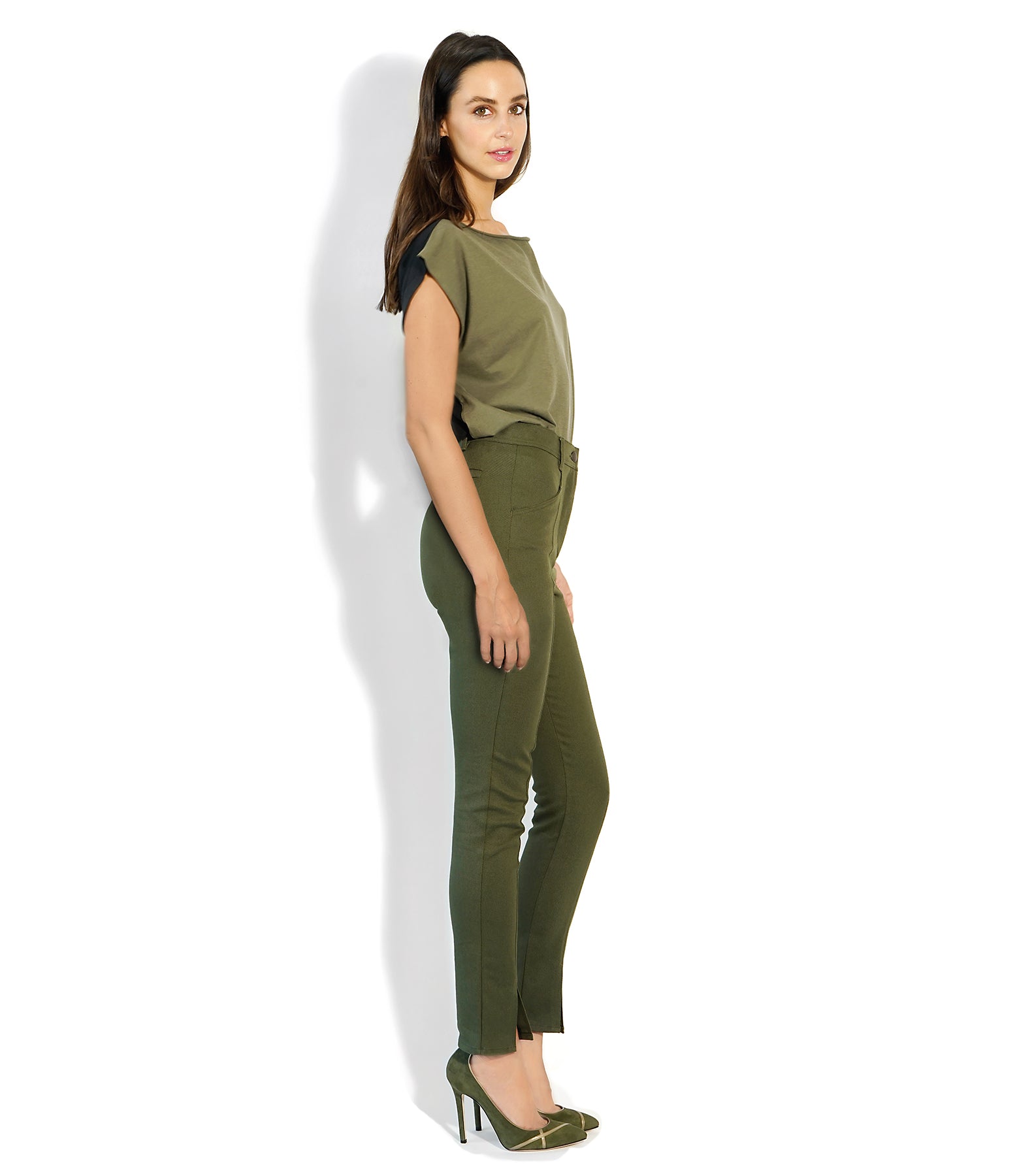 Side view of Isabella Kron Valentina Pant in deep military green, showing high-rise fit and ankle slit