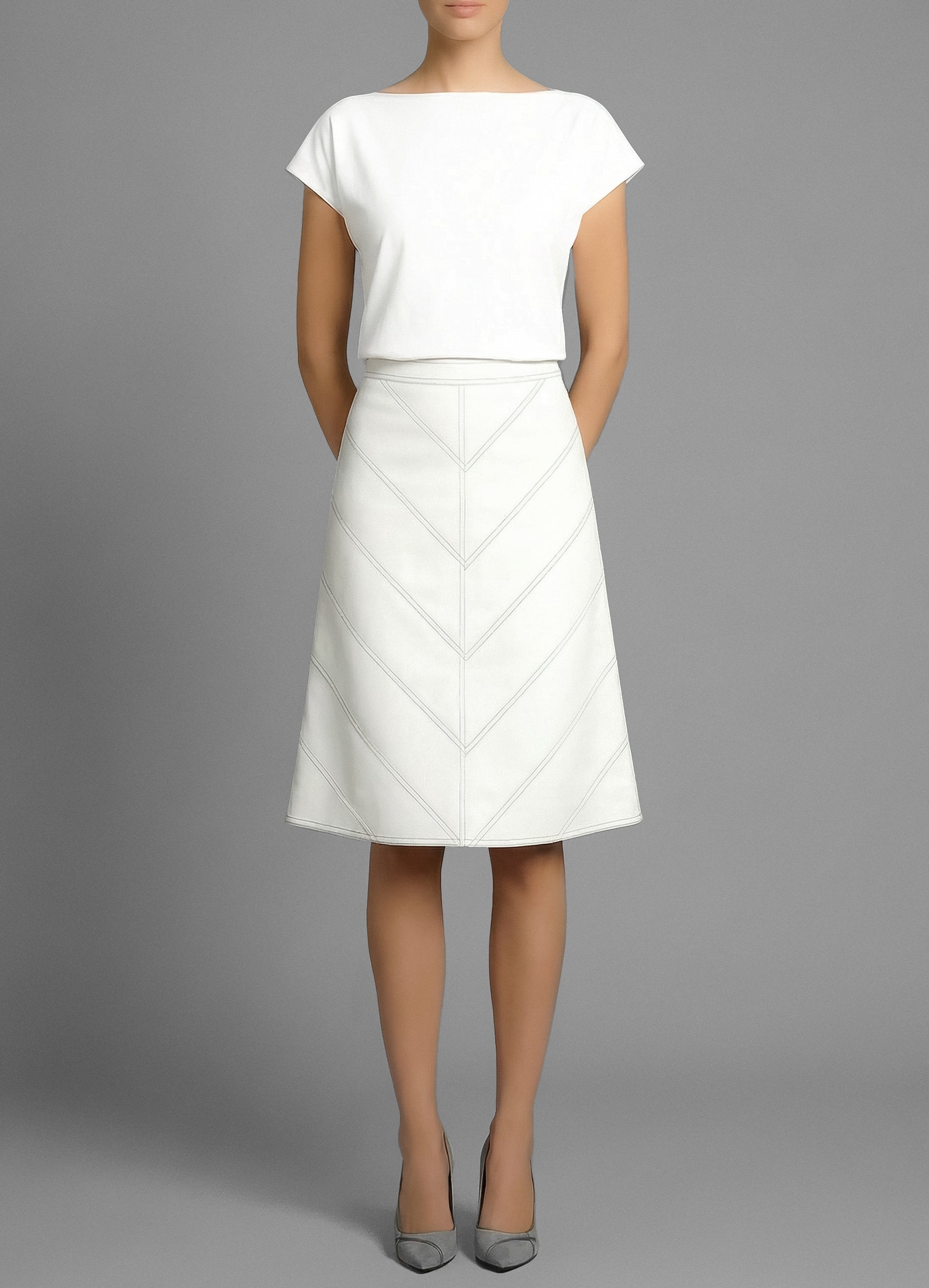 Model wearing Warwick Cotton Drill Skirt – effortless everyday elegance by Isabella Kron