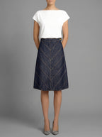 Model wearing Warwick Denim Skirt – effortless style and premium denim