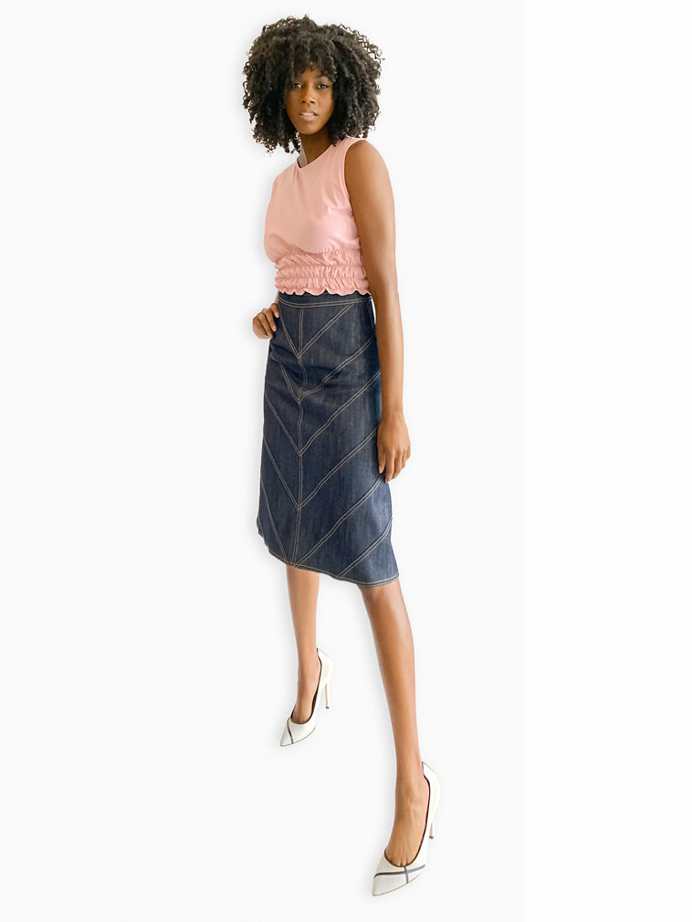 Model wearing Warwick Denim Skirt – effortless style and premium denim